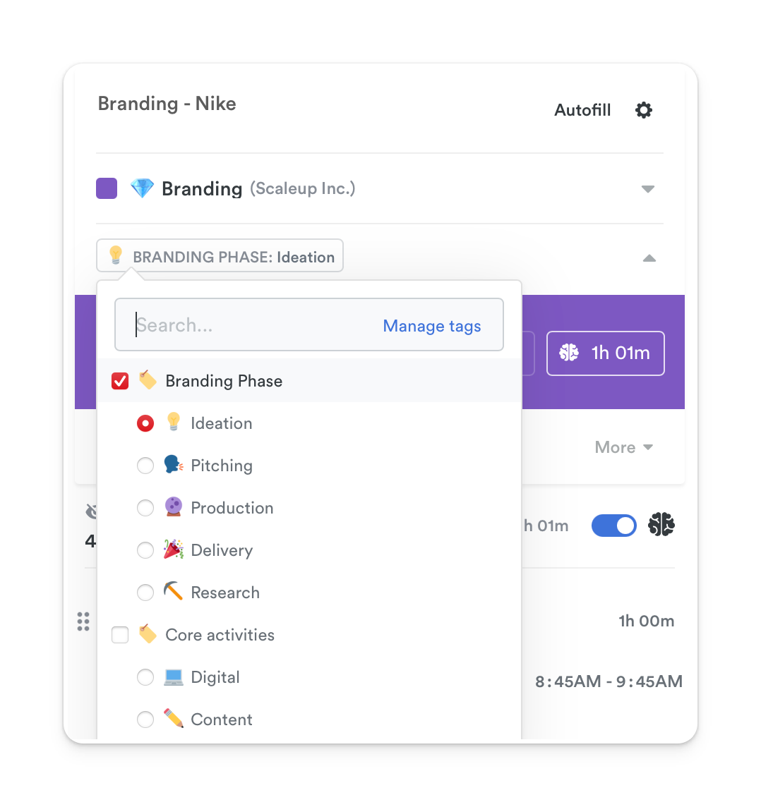 Time entry interface for 'Branding - Nike' with a focus on 'Ideation' in the 'Branding Phase', tagged under 'Scaleup Inc.', with a total duration of 1 hour and 1 minute.