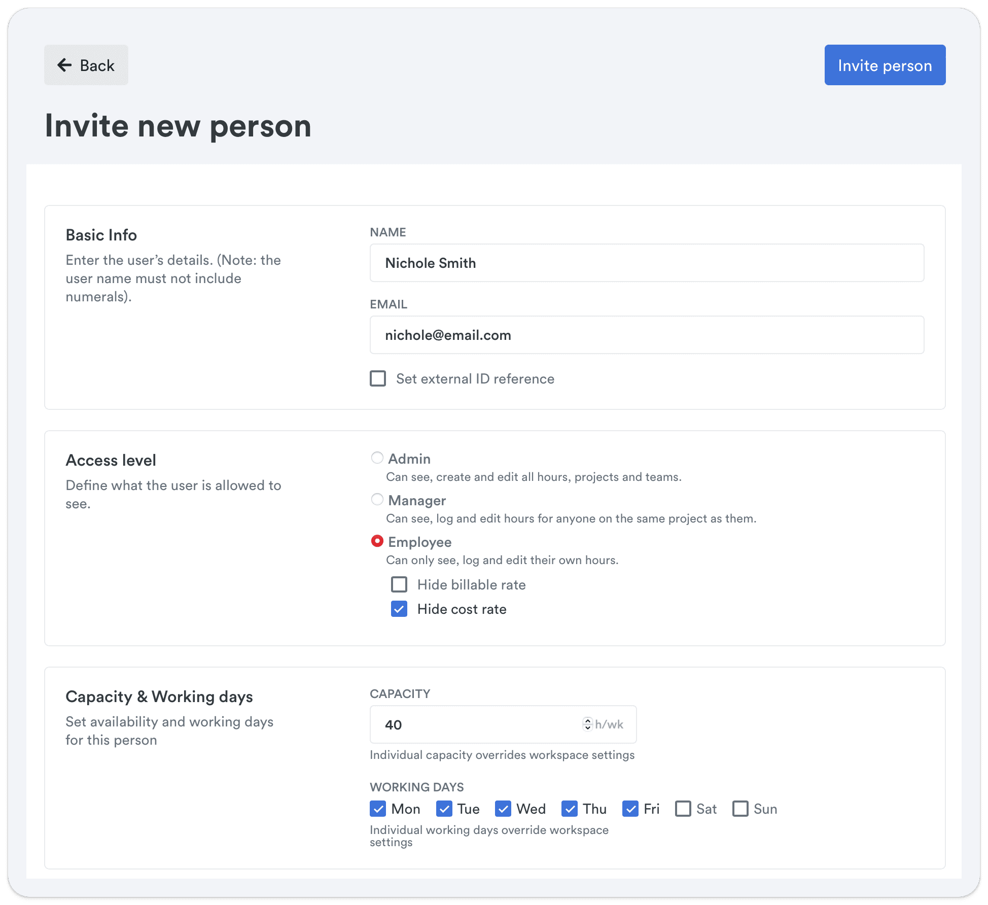 Interface for inviting a new person to a platform, showing fields to enter the user's basic information, select access level as 'Employee', and set capacity for '40 hours per week' with working days from Monday to Friday.