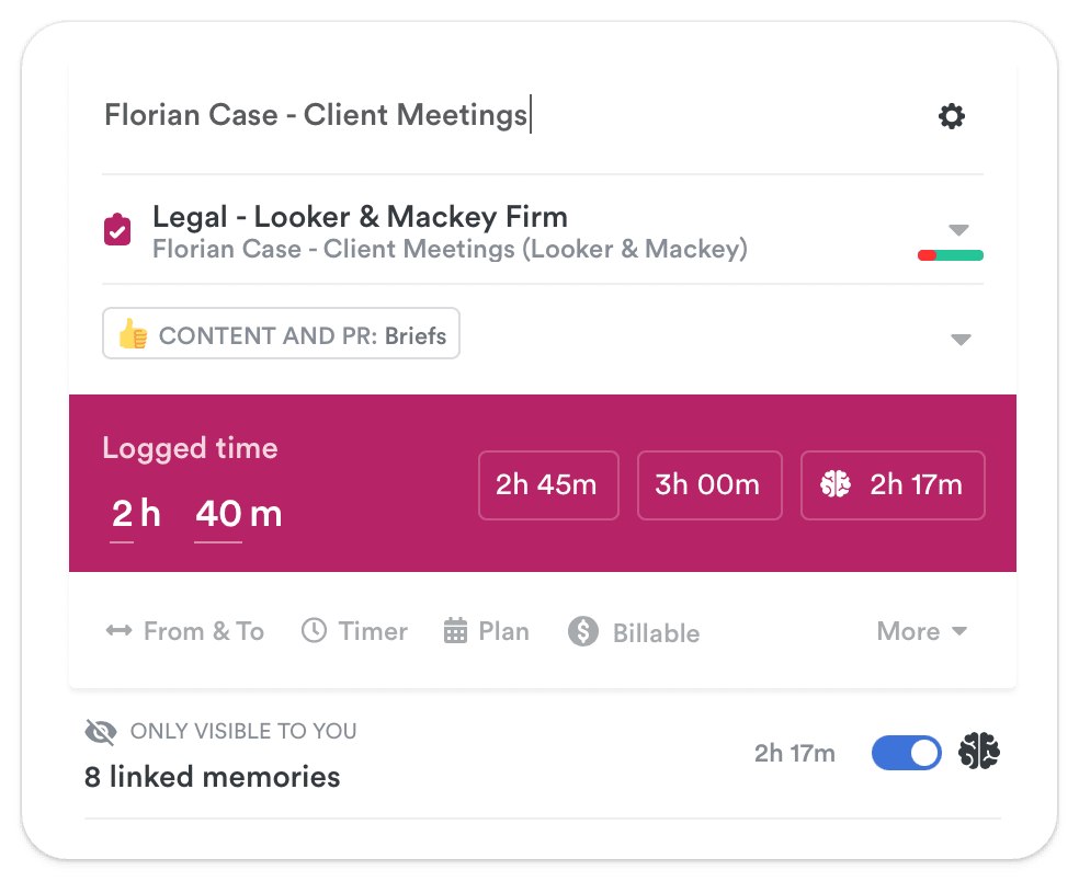 Time tracking entry for client meetings related to legal and content PR, with a total of 2 hours and 40 minutes logged, marked as billable, and with a note indicating 8 linked memories associated with the task