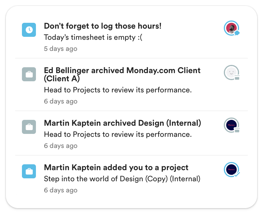 Notification interface from a project management tool, reminding to log hours with an empty timesheet alert, and updates about archived projects and a new project assignment.