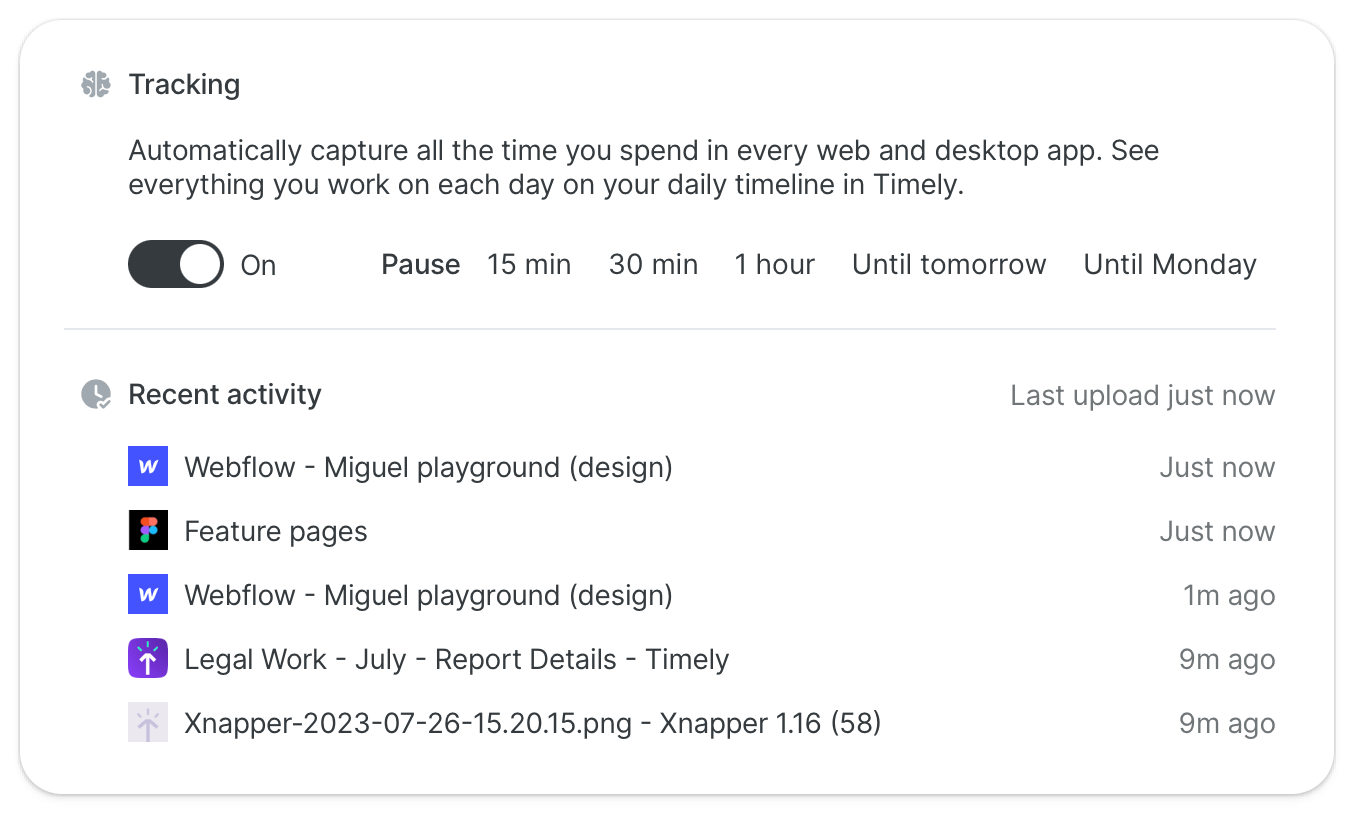 Time tracking application interface with an 'On' toggle for automatic tracking, options to pause, and a recent activity log showing entries for design work in Webflow and a legal work report.