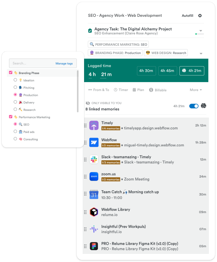 A screenshot of Timelyapp tool with various tasks related to SEO, web design, and team meetings, highlighting logged times and active collaborations.